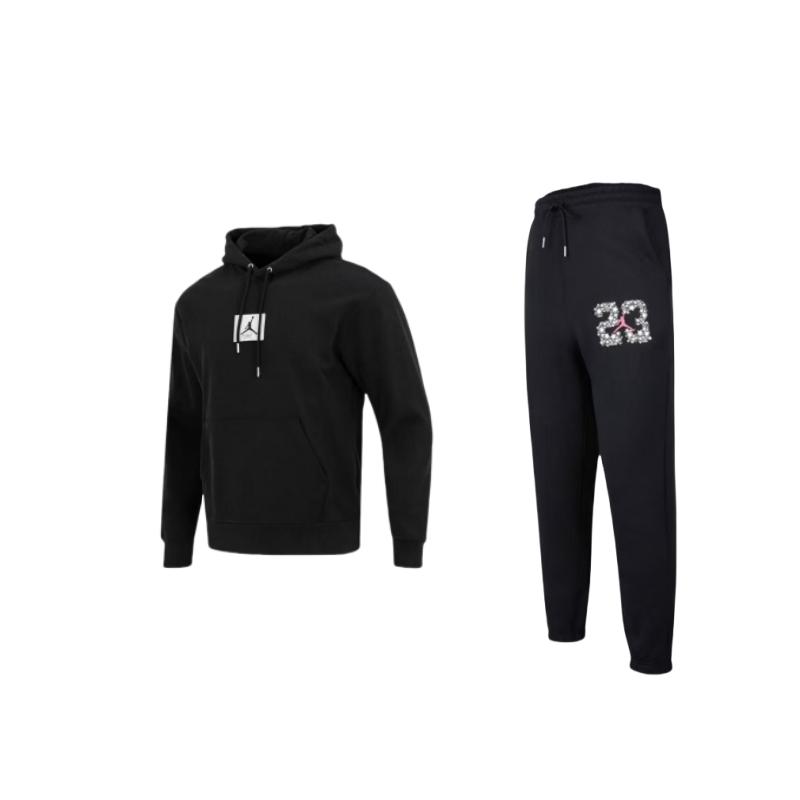 

Jordan Logo Printed Pattern Hooded Knit Fleece Long Sleeve Drawstring Pants Casual Sports Set Men sets Black DJ0192-010+DQ7339-010