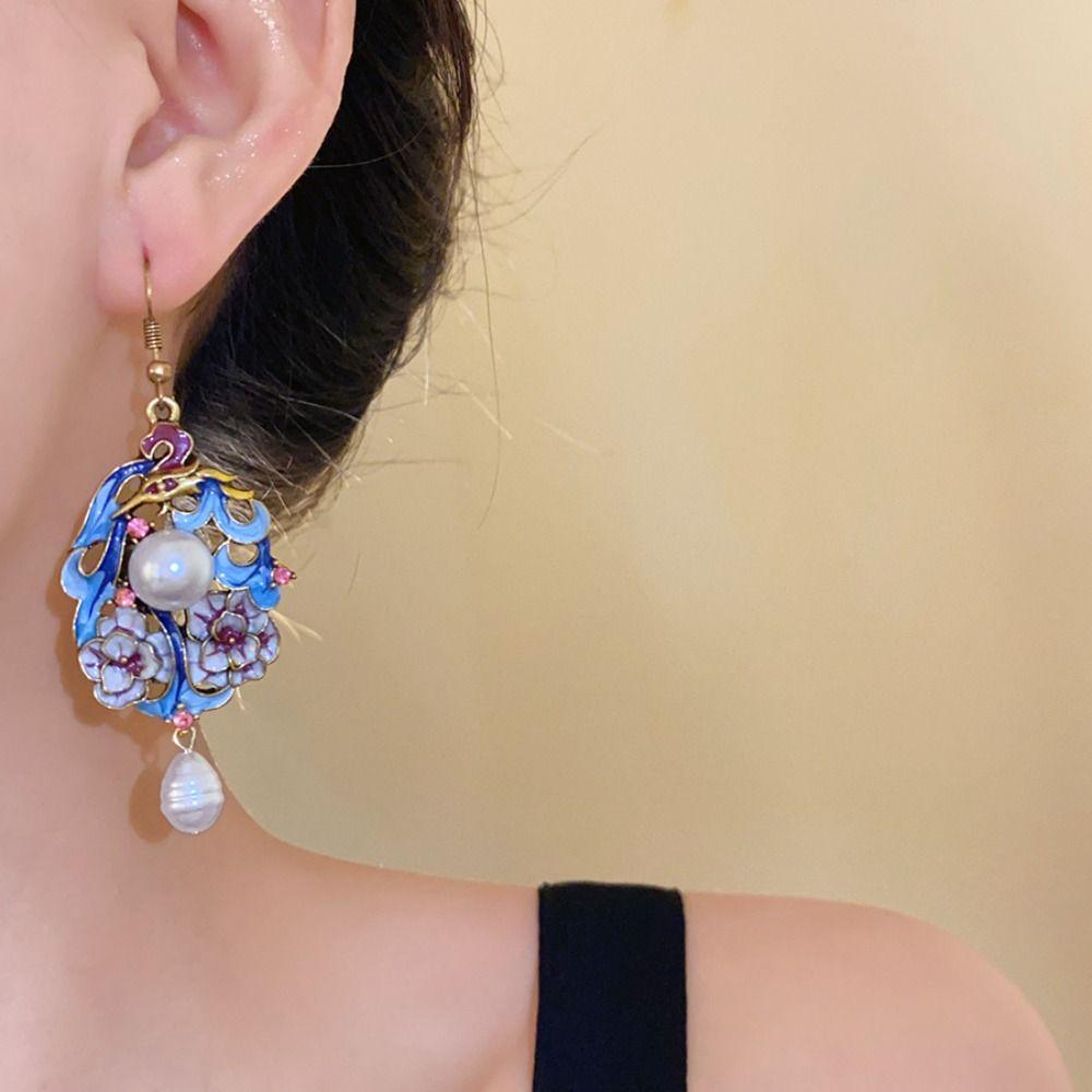 Exquisite Vintage Earrings Flower Chinese Style Earrings Retro Cloisonne Drop Earrings  Hanfu