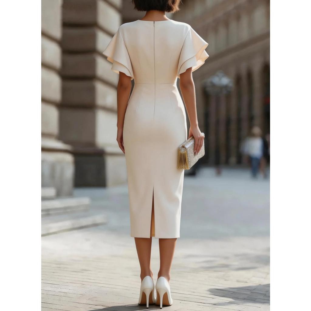 Robe Fourreau Élégante à Manches Volants 2026 pour Femmes, Robe Midi Bodycon à Col Rond Coupe Ajustée, Tenue Formelle pour le Bureau et les Soirées Cocktail