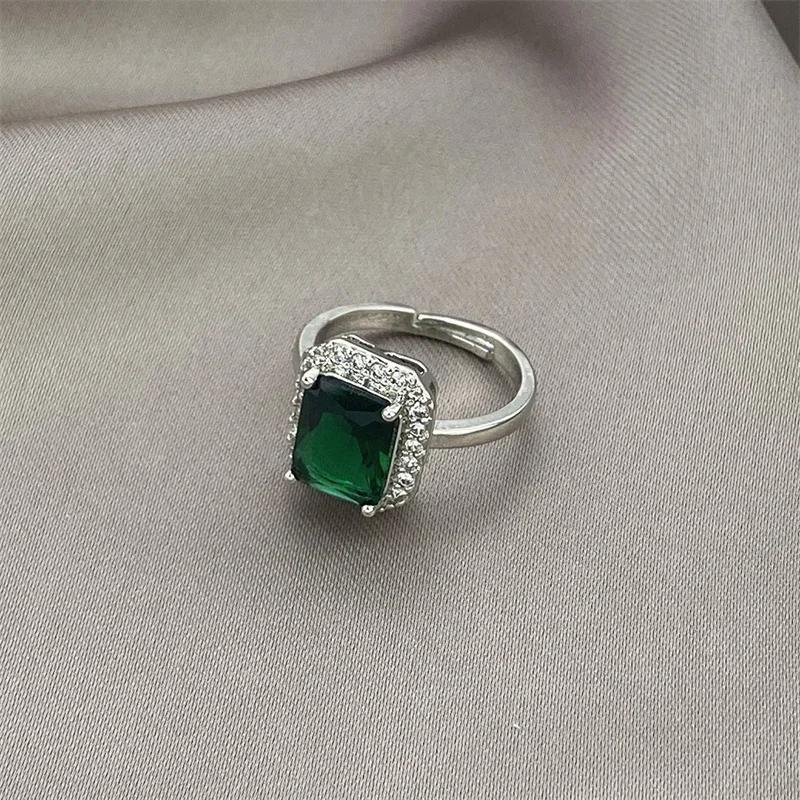 Luxury Elegant Sparkling Open Zircon Ring Women Gorgeous Temperament Adjustable Luxury Silver Color Inlaid Square Zircon Rings resizable зелёный