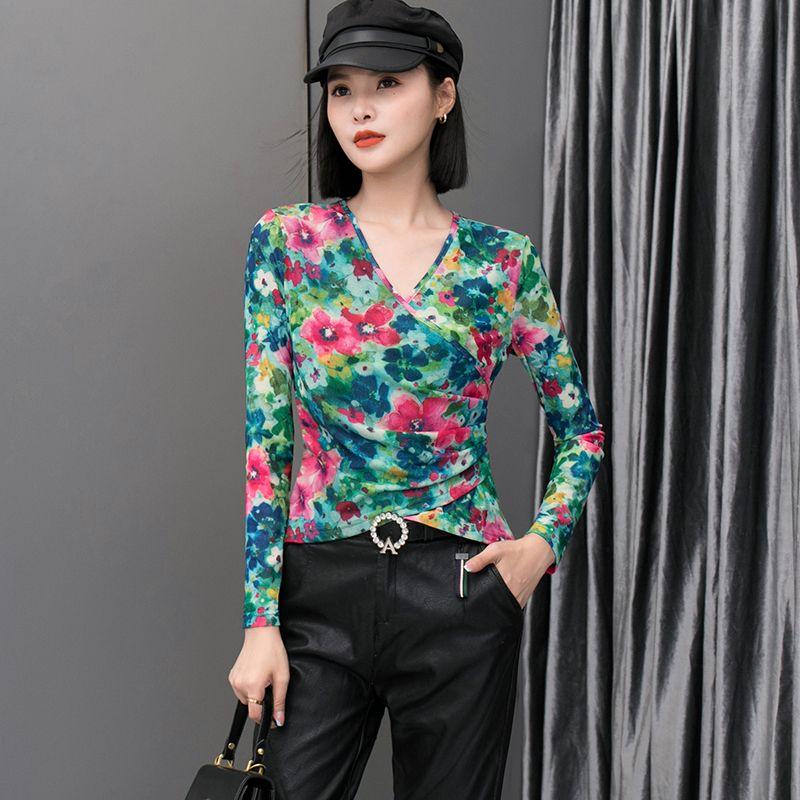 

Короткие топы 2024 весенняя футболка женская с длинным рукавом с перекрещенным V-образным вырезом сетчатая базовая рубашка облегающего кроя шикарная уникальная маленькая рубашка Green M