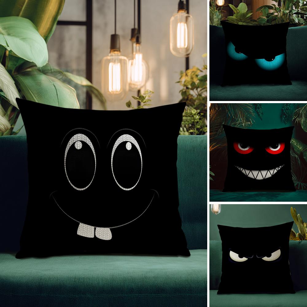 Czarna Emotikony Fajne Poszewka na Poduszkę Naturalny Len Poszewka na Poduszkę Dwustronny Nadruk Dekoracyjna Poszewka na Poduszkę Sofa Wystrój Domu Prezent