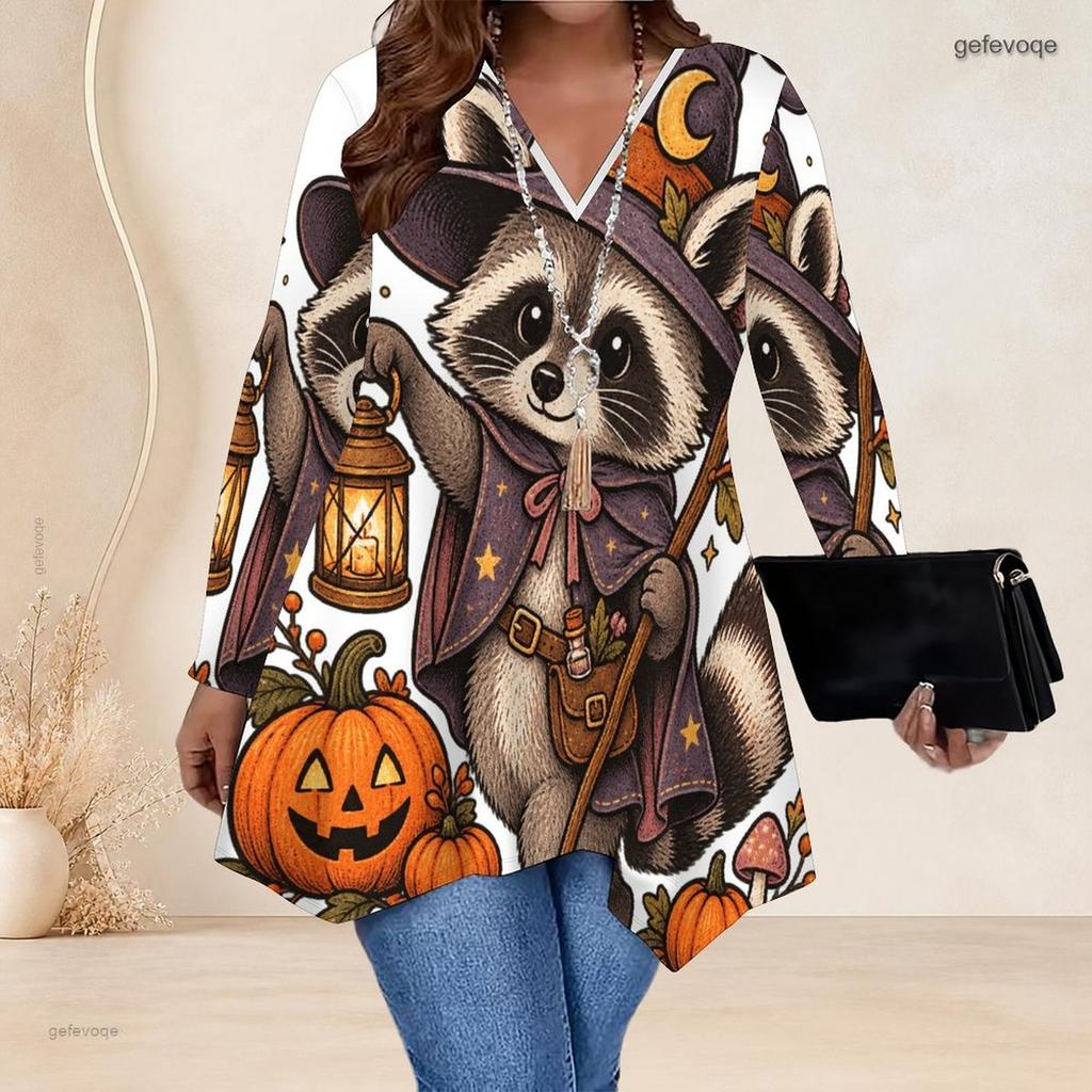 Plus Size Women V Neck Long Sleeve Loose Casual Top Featuring Irregular Split Hem