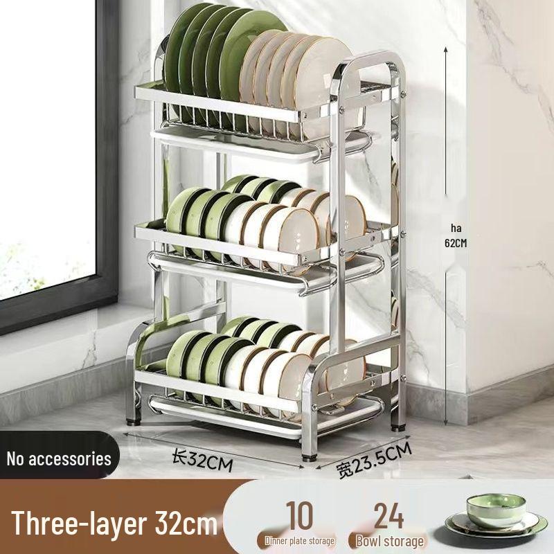 Stainless Steel Kitchen Dish Drying Rack with Bowl and Plate Storage