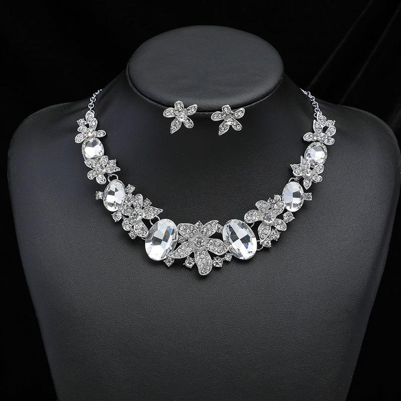 3pcs Luxurious and Exquisite Floral Necklaces and Earrings Set with Colorful Zircons Set for Bridal Banquet Dress Decoration