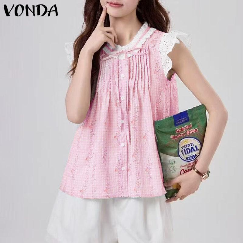 

VONDA Женские топы-майки в стиле колледжа с оборками, без рукавов, в клетку, повседневные 4XL розовый