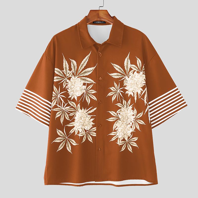 

INCERUN Oversized Men Lapel Short Sleeve Floral Striped Casual Loose Shirts 5XL оранжевый
