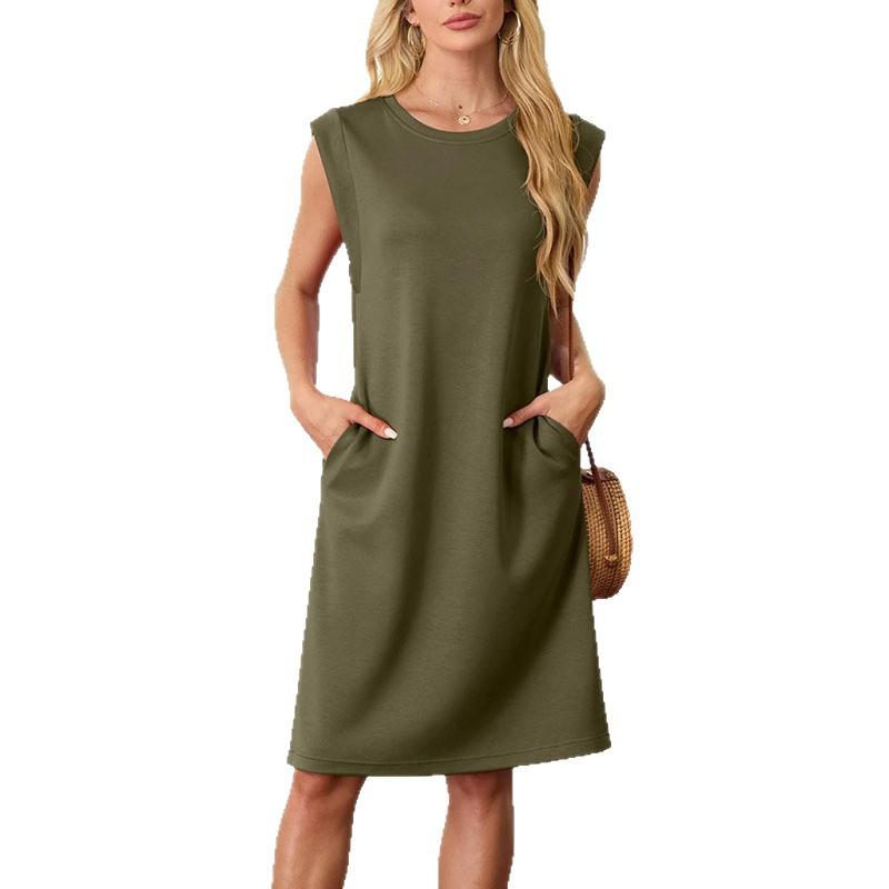 European and American women's clothing summer round neck casual loose split sleeveless medium and long dress