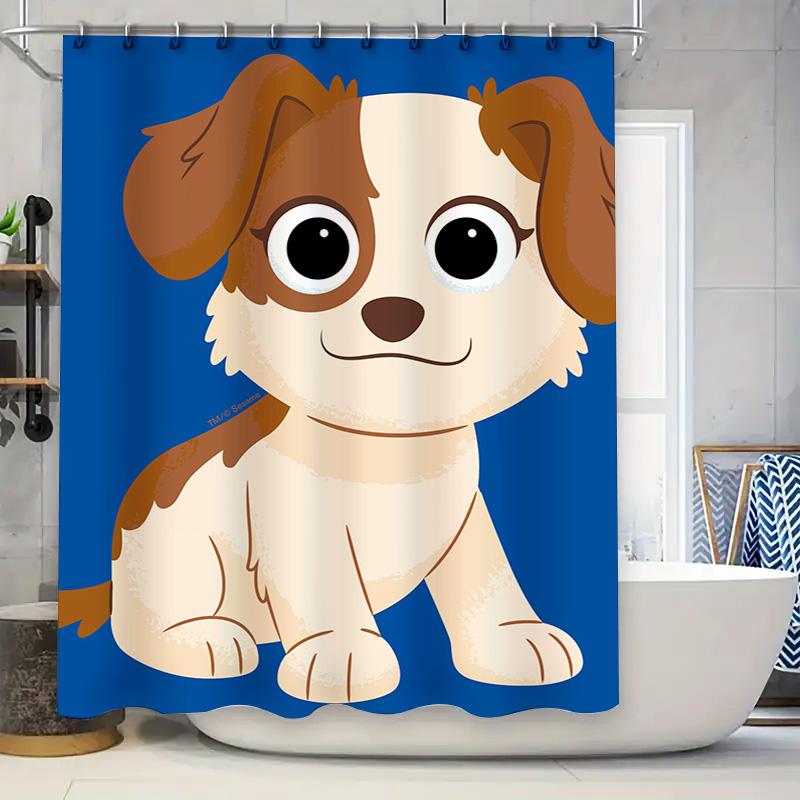 Adorable Cartoon Dog Shower Curtain Blue Background with Brown Pup Eyes for Bathroom Decor Size Customizable (C1234)