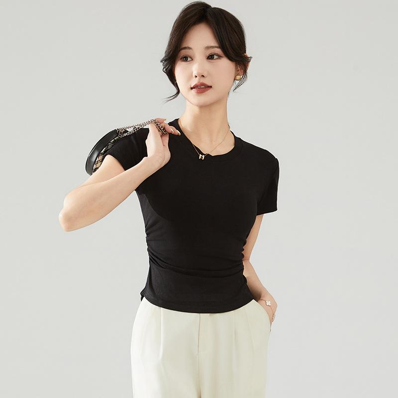 

Round Neck Short-sleeved T-shirt for Women in Spring and Summer New Pleated Waist-hugging Sweet Base Top S чорний