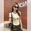 American contrasting striped round neck short-sleeved T-shirt women's summer small slim and thin embroidered textured short top