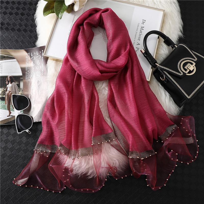 Fashion New Women Silk Cotton Blend Scarf Shawl Plain Soft Wild Beaded Turban Match Luxury Ladies Travel Sun Protection Scarves
