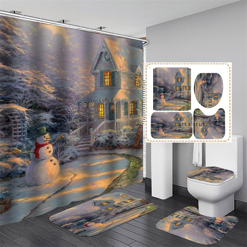 Cute Snowman Christmas Shower Curtain Set Silver Pine Branches Snowflake Xmas Balls Bathroom Decor Rug Bath Mat Toilet Lid Cover