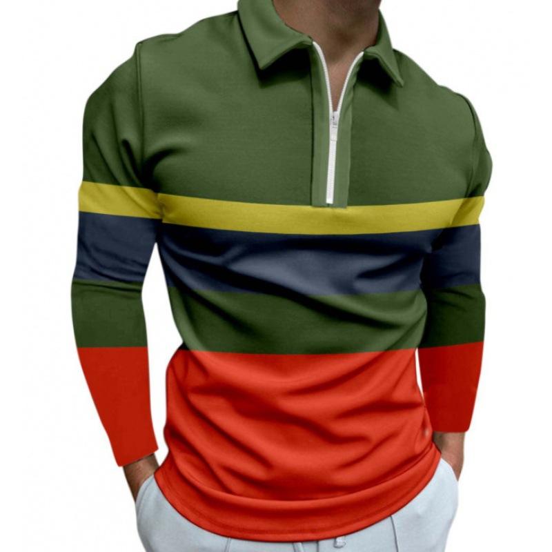 Trendy Tiger Print Long Sleeve Polo Shirt, Casual Fashion Top For Men
