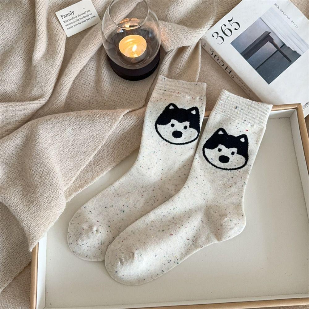 Cute Cartoon Dog Short Socks Dot Yarn Women Mid-calf Socks Soft Cotton Tube Socks Girl