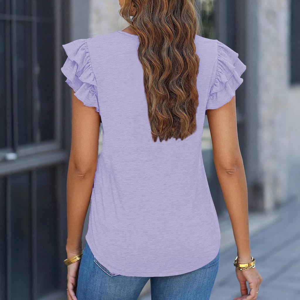 Women's solid color V-neck ruffled sleeves T-shirt
