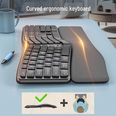 Conjunto de Teclado e Mouse Ergonômicos Bluetooth Dual-Mode com Teclado Silencioso, Recarregável e Apoio para Pulso