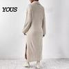 Daily Wear Dresses Women Knit Sweater Dress for Fall Winter, Ribbed Long Sleeve with Solid Color Side Split, Casual Collared V Neck Midi Machine