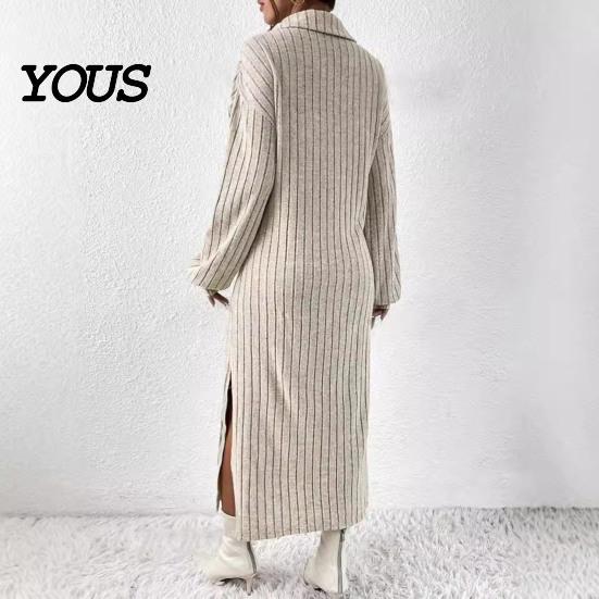 Daily Wear Dresses Women Knit Sweater Dress for Fall Winter, Ribbed Long Sleeve with Solid Color Side Split, Casual Collared V Neck Midi Machine