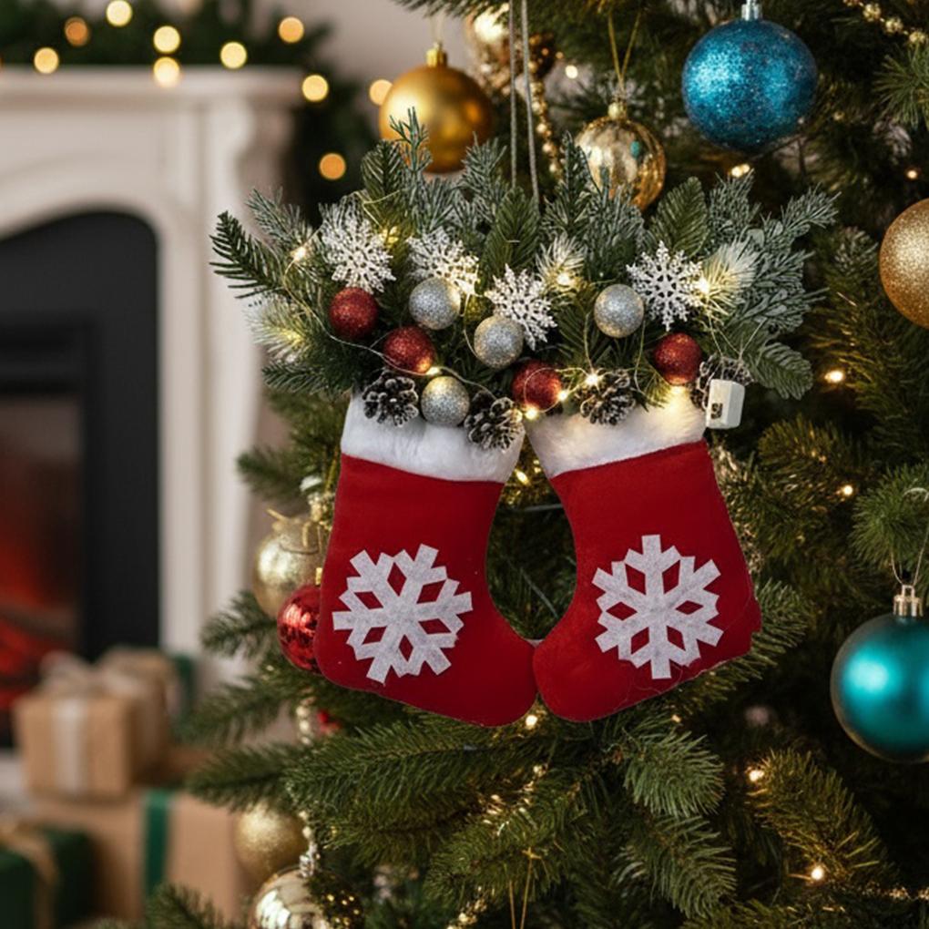 LED-julkrans med strumpor Röda bär Kotte för ytterdörr Inomhus Juldekorationer Fönster Veranda Festtillbehör