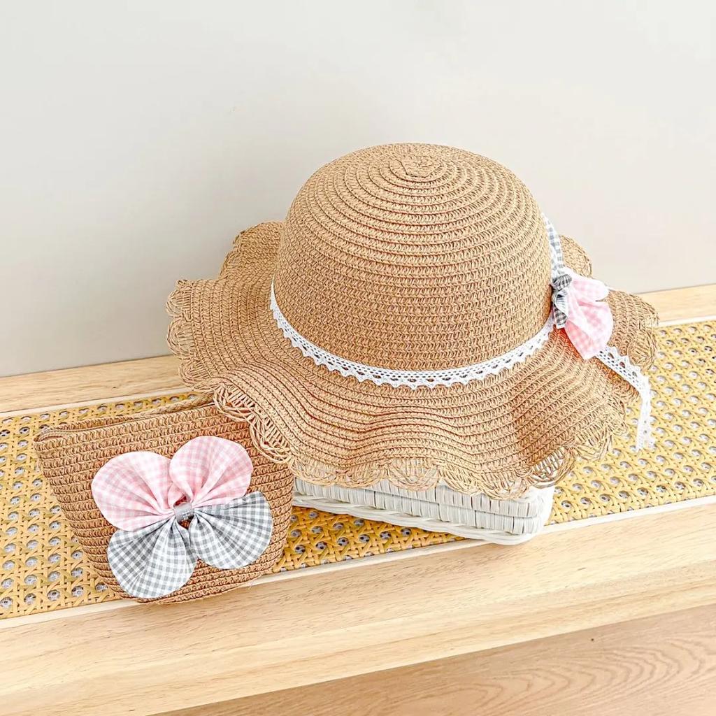2pcs set Straw Hat And Shoulder Bag Girls Princess Summer Outdoor Fisherman Hats Baby Kids Lace Bowknot Beach Sun Cap Visor