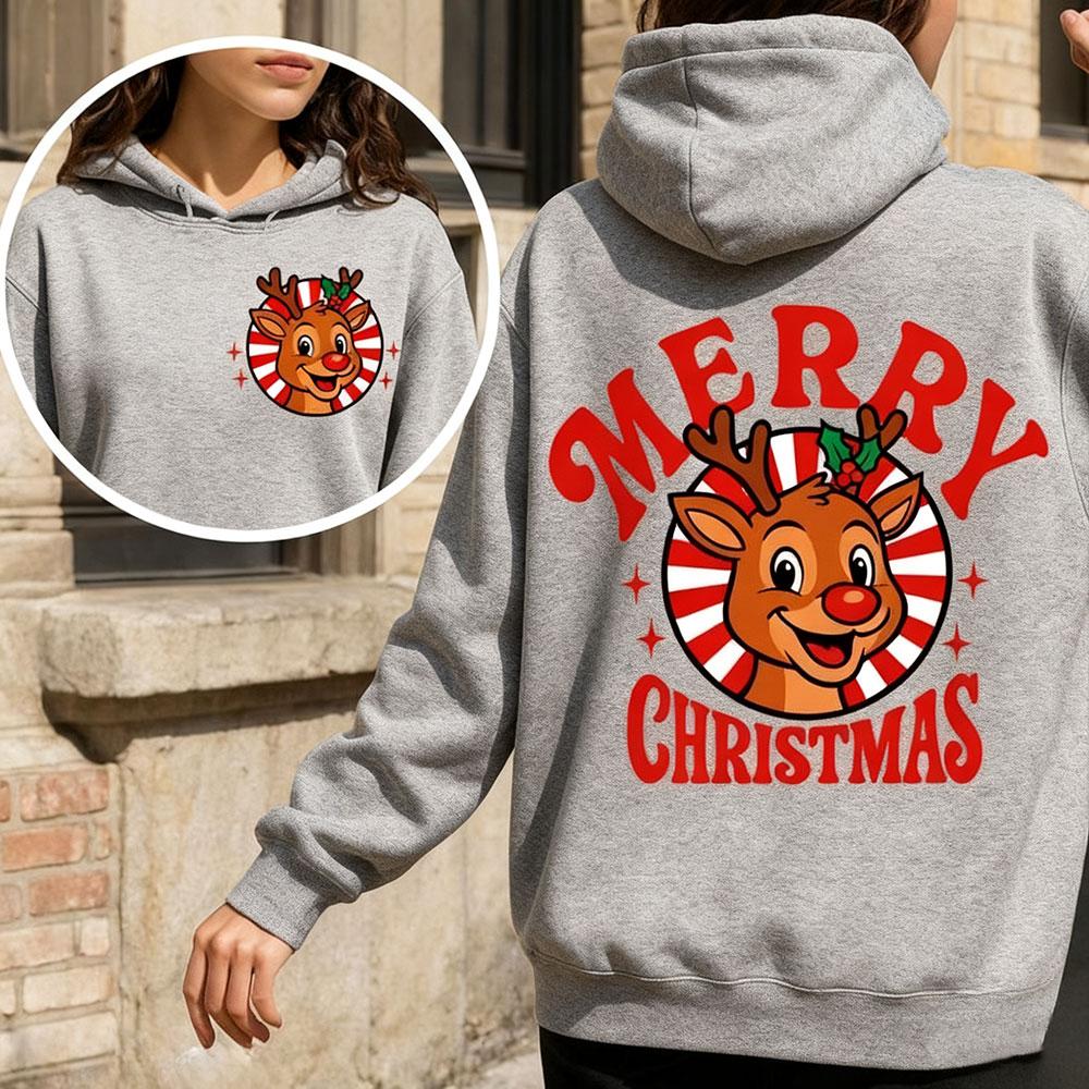 Retro Merry Christmas Reindeer 2-Sided Graphic Women Hoodies Vintage Christmas Reindeer Tops Festive Christmas Women's Clothing