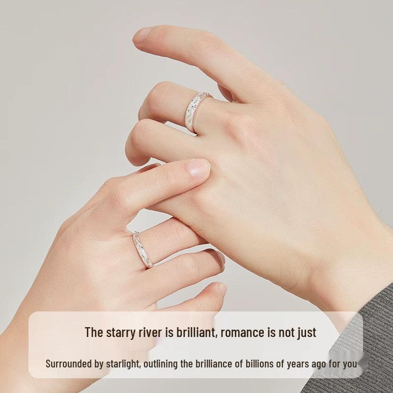 Sterling Silver Starry River Couple Rings: Luxurious, Shimmering Niche Design