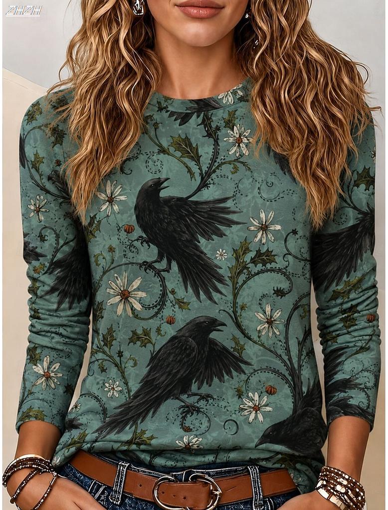 Women Vintage Raven Floral Print Long Sleeve T‑Shirt Crew Neck Casual Gothic Fall Graphic Top