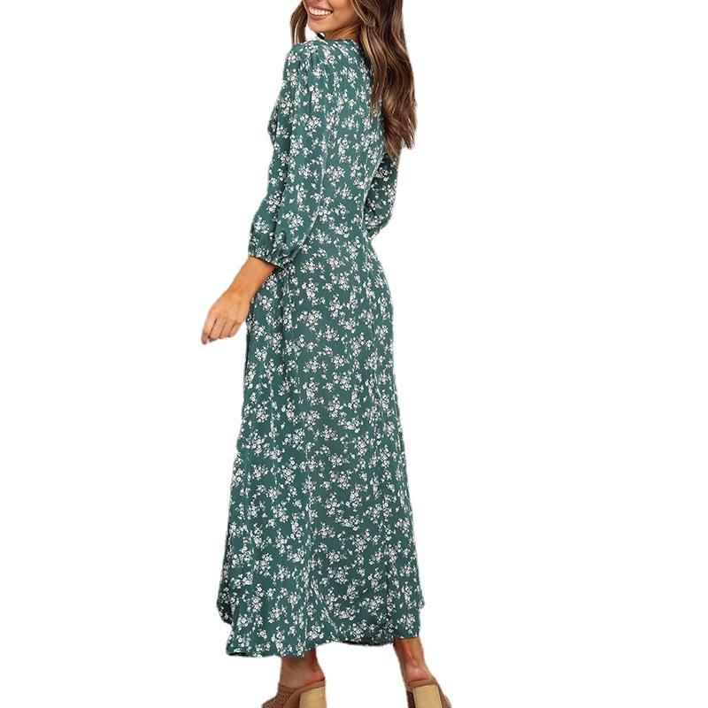 Herbstliches Chiffon-Kleid mit V-Ausschnitt und langen Ärmeln und hoher Taille