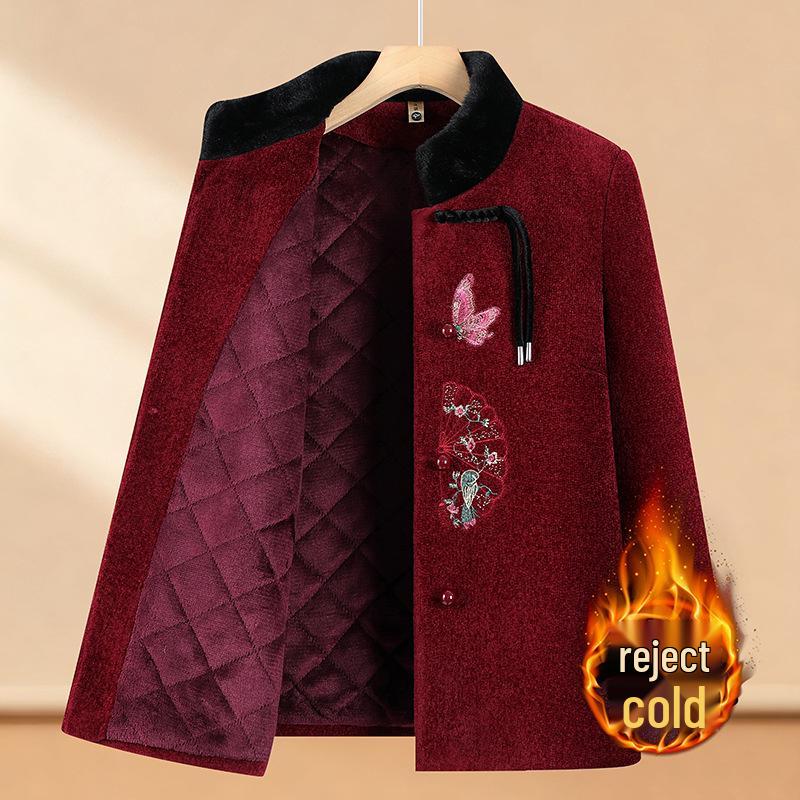 Embroidered Winter Plus Cotton Jacket for Middle-Aged & Elderly Women, Grandma and Mom, Velvet Lined for Cold Protection