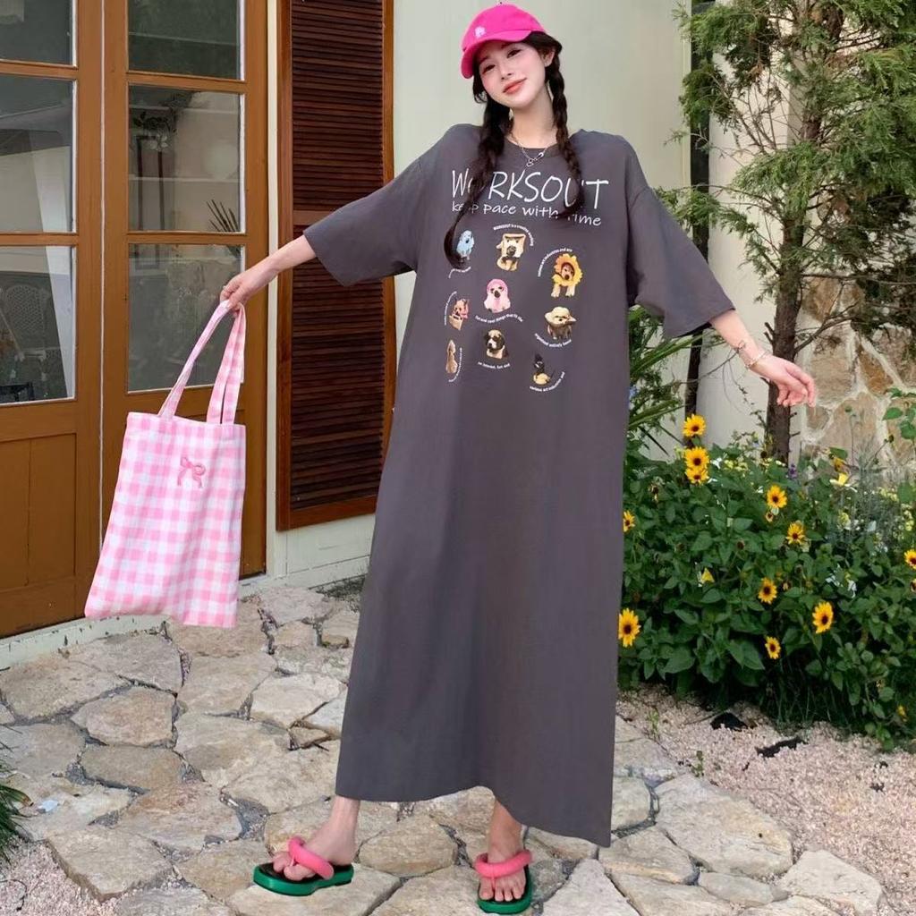 Korean Version of Summer New Dress Long Knee T-shirt Skirt Large Size Loose Simple Cartoon Print Lazy Dress