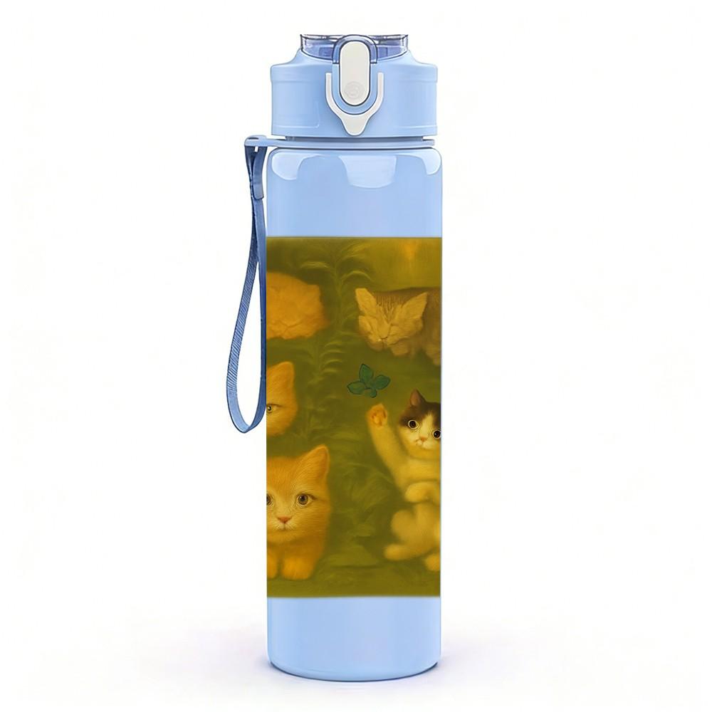 1PC Three Kittens Square Frame Art 750ml Color Plastic Sports Water Bottle Leakproof Flip Straw Lid Suitable for Sports Office Home Use