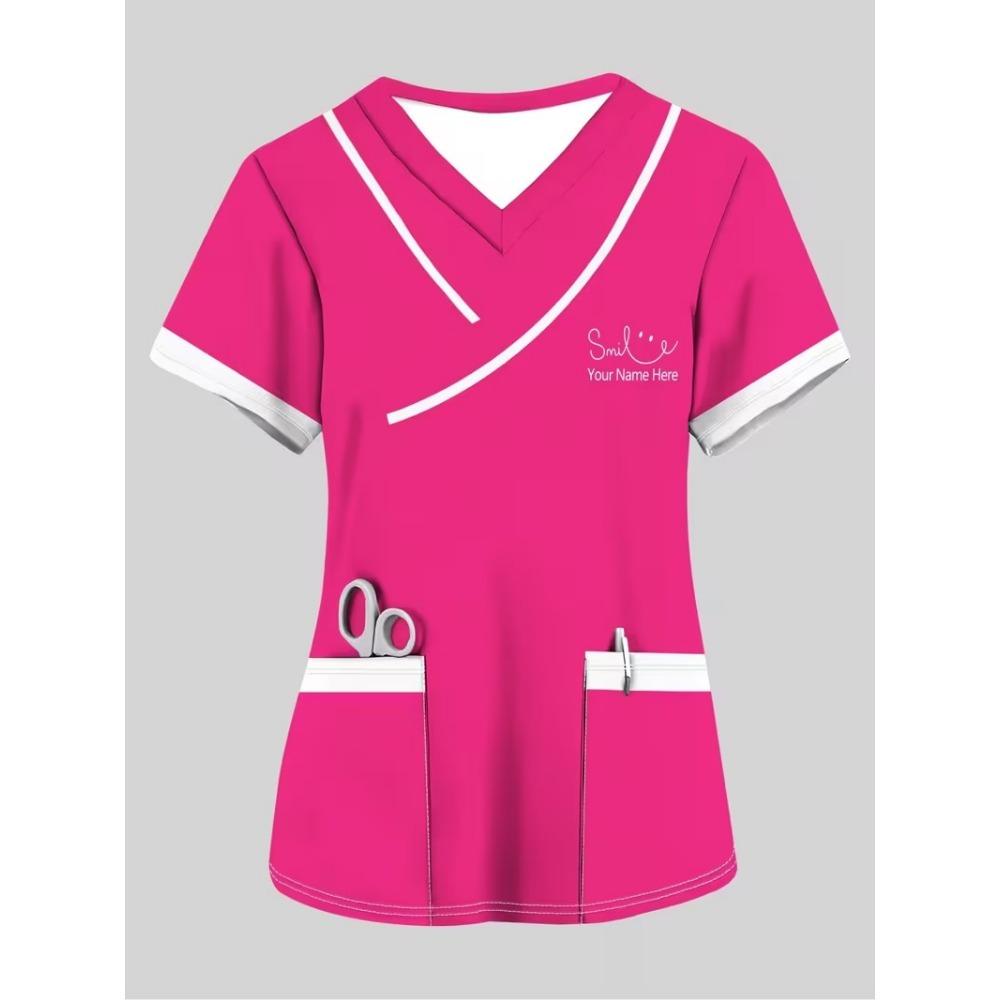 Surgical Gown Women's 3D Printed Nurse Top Summer Fashion V-tie Pocket Short Sleeved Women's Medical Gown