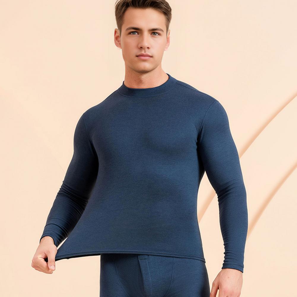 2Pcs/Set Men Warm Outfit O-Neck Long Sleeve Thermal Top High Waist Long Trousers Set Slim Fit Breathable Bottom Outfit