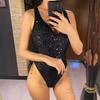 Sexy Sparkling Sequins V Neck Backless Women Swimwear One Piece Swimsuit Female Monokini High Cut Bather Bathing Suit Swim