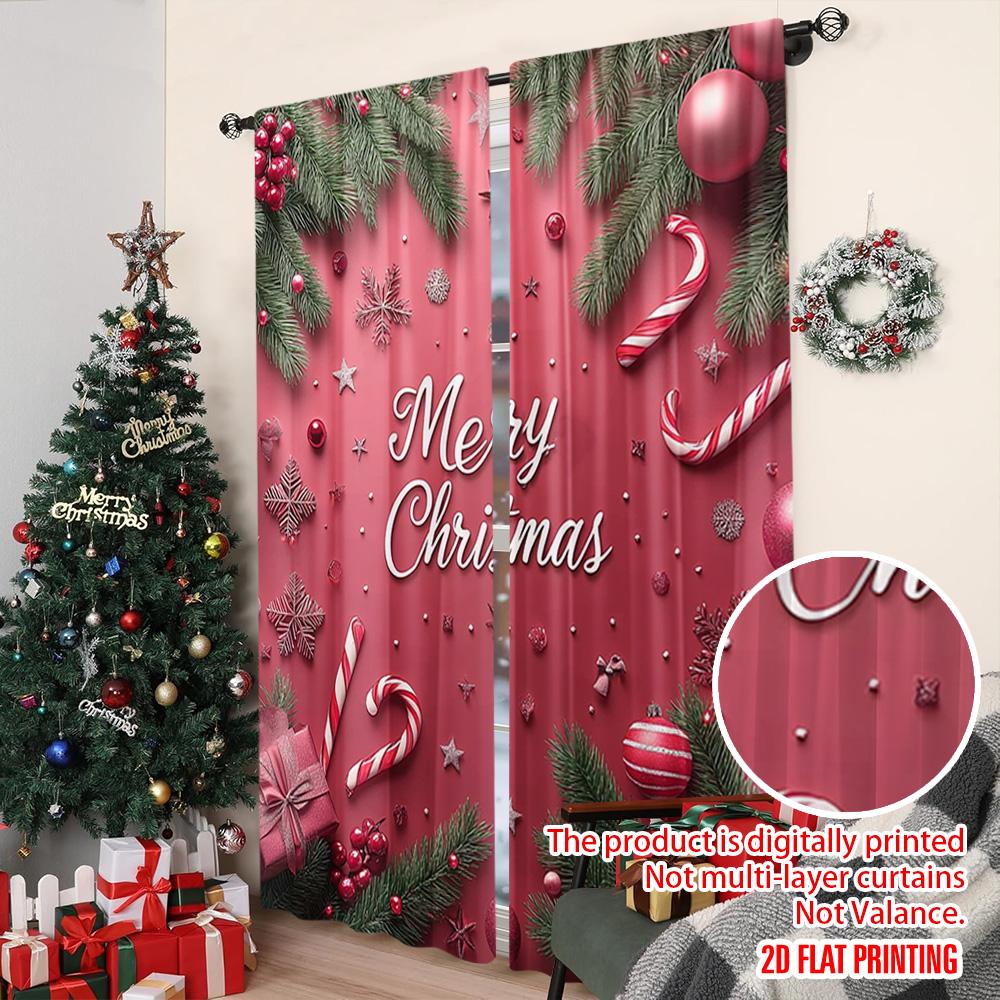2pcs 2D flat printing Christmas Curtain Christmas candy cane Versatile Polyester Fabric Without Electricity Festive Holiday for