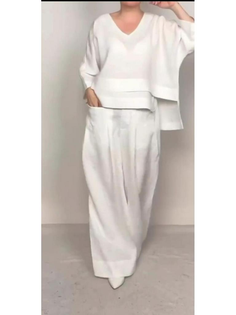 2025 Euro-American Style Solid Color Casual Two-Piece Set: Crew Neck Top & Mid-Waist Pocket Pants