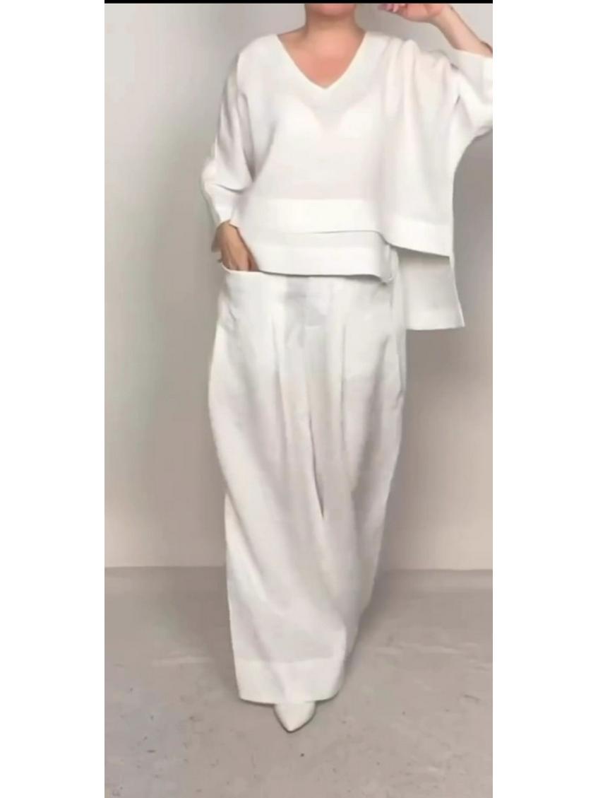 

2025 Евро-американский стиль Однотонный Повседневный Комплект из двух предметов: Топ с круглым вырезом и брюки с карманами средней посадки L белый