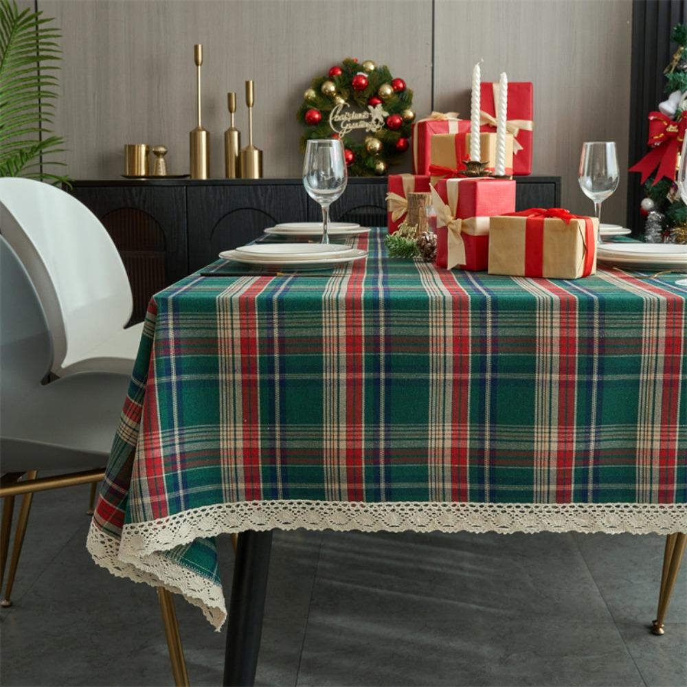 Vintage Red Green Checkered Tablecloth Christmas Plaid Square Table Cover with Fringe for Party Dining Decor