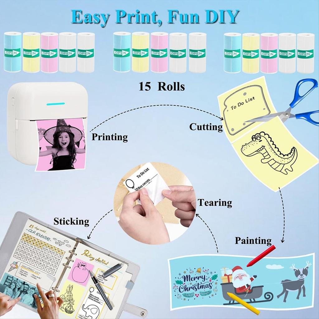 BHBL 15 Rolls Thermal Sticker Paper for Mini Printer Sticker Maker, 9 Colored and 6 White Mini Printer Sticker Paper