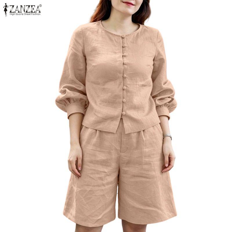ZANZEA Damen Langarmbluse und Shorts Sommer Zweiteilige Anzugsets