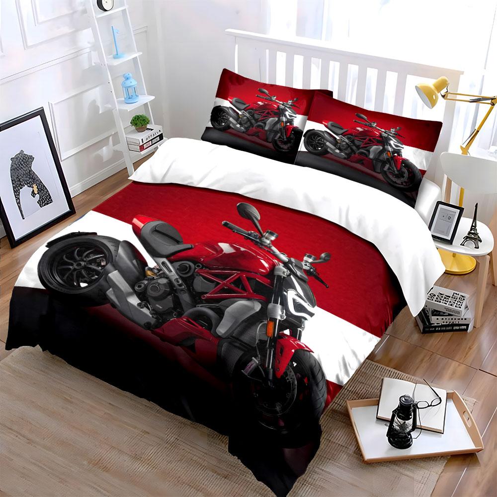 Red Modern Motorcycle Design. Print Bedding Set 1 Duvet Cover 2 Pillowcases For Adult And Children Luxury Gift Full Size
