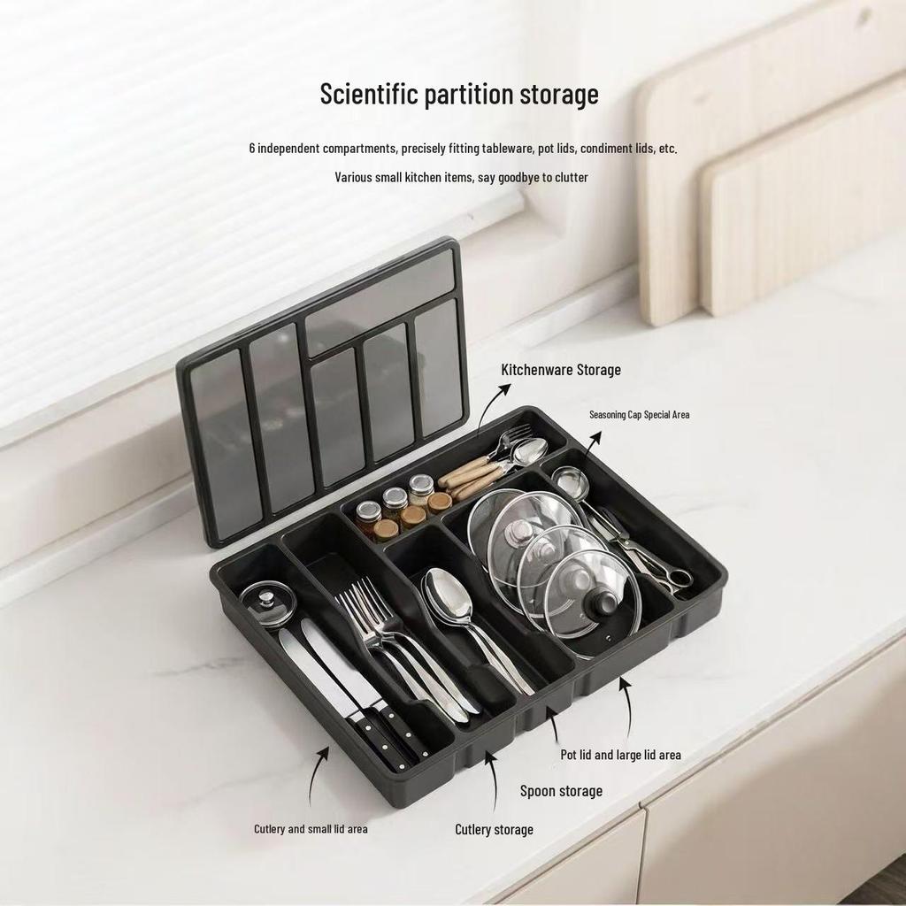 PP Lid Drawer-Type Cutlery Organizer with Six-Grids: Large Capacity Storage for Kitchen Knives, Forks, and Spoons
