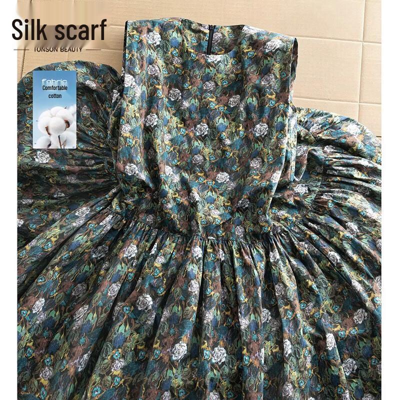 Women s Pure Cotton Retro Floral A-Line Midi Dress M