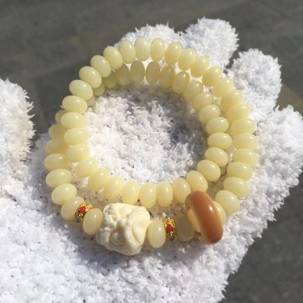 Natural White & Creamy Yellow Jade Bodhi Root Double-Strand Bracelet - Women's Gift Edition
