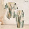 Women Plus Size Blue Gray Printed Two Piece Skirt Set Round Neck Short Sleeve Tie Waist Top Fitted Skirt