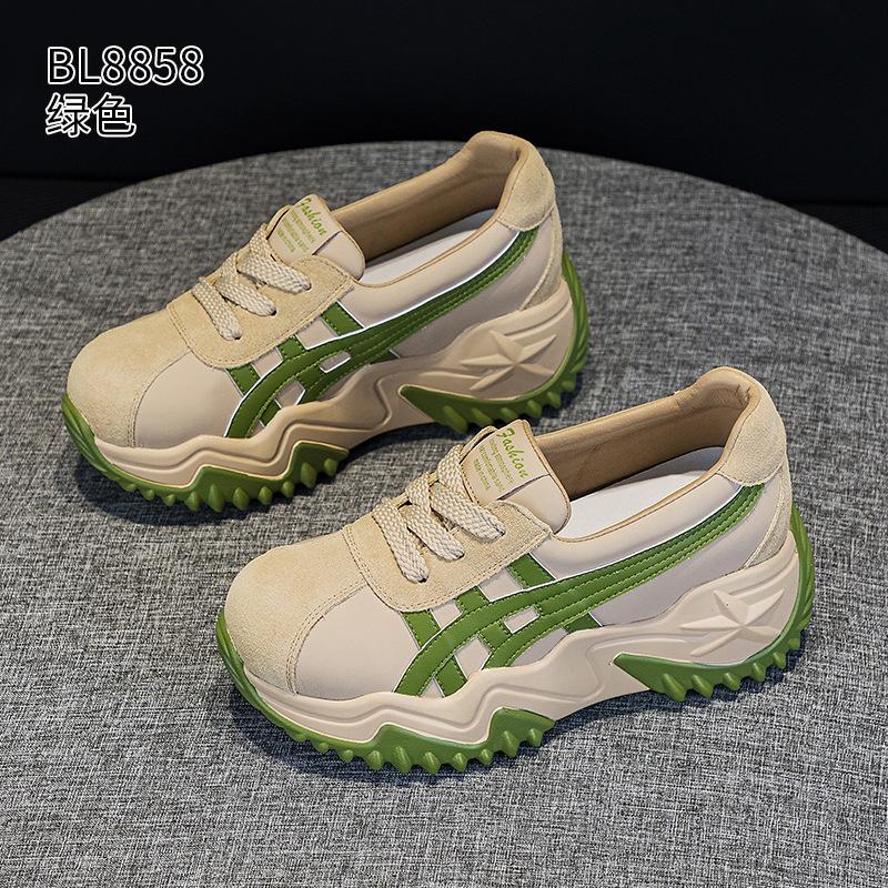 Thick-soled shallow-mouth dad shoes spring and autumn new leather small sports and leisure shoes