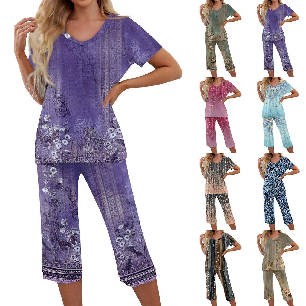 2 Piece Sets For Women Short Sleeve Top And Pants With Pockets Workout Soft Floral Print Sets