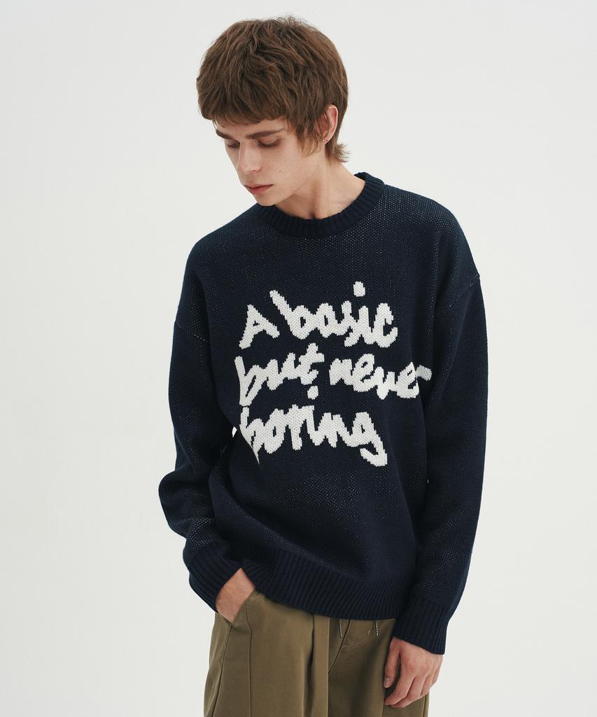 BLOND9 Slogan Round Knit Sweater_Navy (Type B)