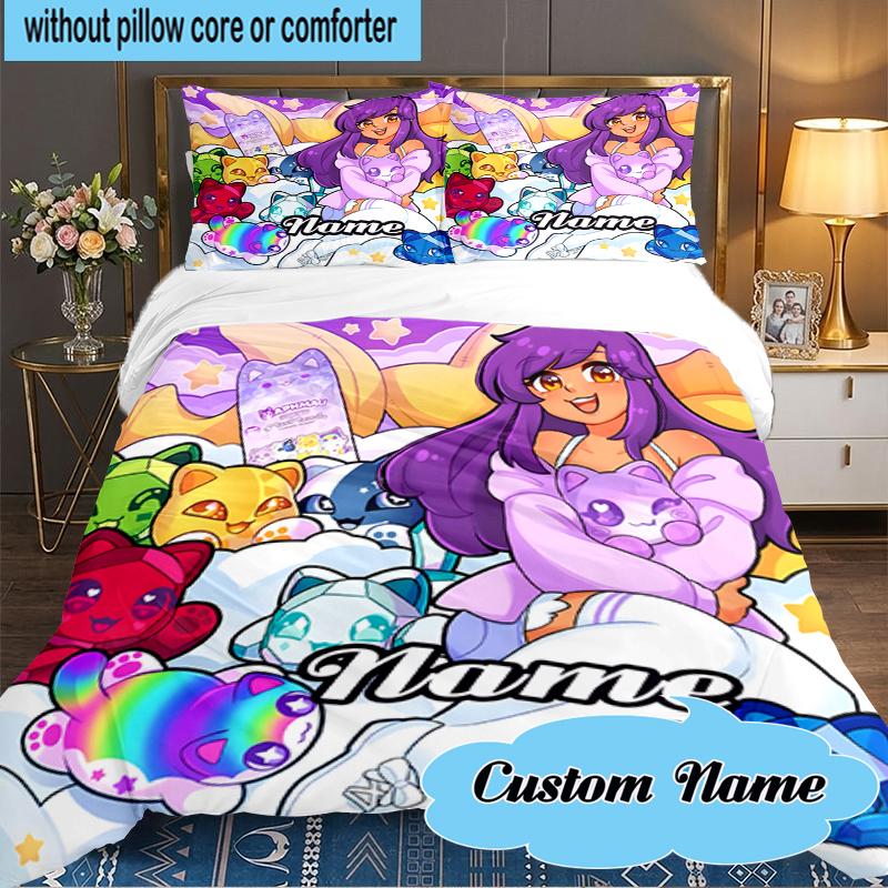 Set Biancheria da Letto Personalizzato Nome Arcobaleno Mondo Fantasy di Aphmau 3 Pezzi, Set Biancheria da Letto Include 1 Federa Copripiumino e 2 Federe per Cuscino per Camera da Letto, Regalo per Dormitorio